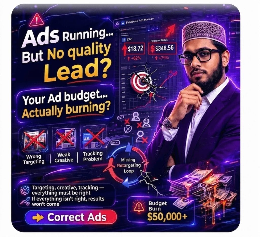 A premium purple digital marketing ad creative for a facebook ads audit and budget optimization service targeting low quality leads and tracking problems