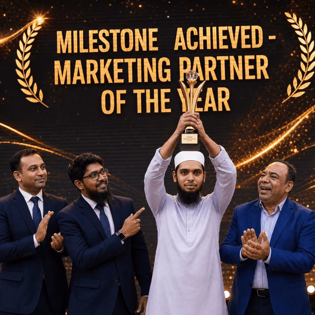 alt="Performance marketing strategist receiving the Marketing Partner of the Year milestone achievement award"