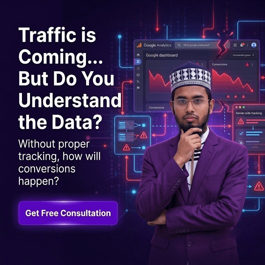 A professional web analytics consultant presenting a digital marketing ad creative about server-side tracking and conversion optimization